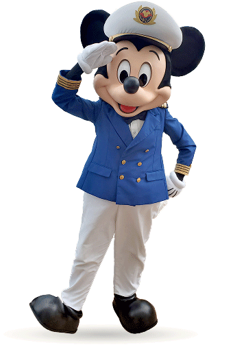 Captain Mickey salutes in a blue jacket, white trousers, and captain's hat on a beige background