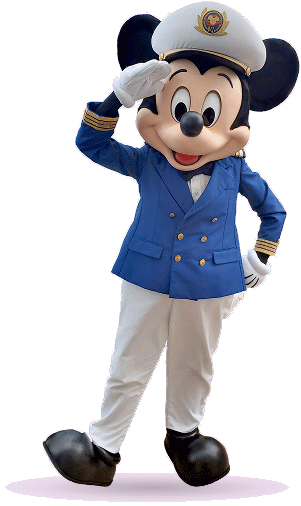 Mickey Mouse salutes in a blue captain's jacket and white trousers