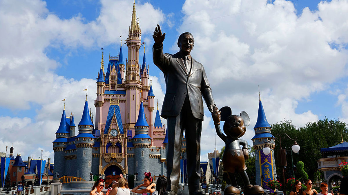 Walt Disney and Mickey Mouse's Partners statue stands before Cinderella Castle under billowing clouds